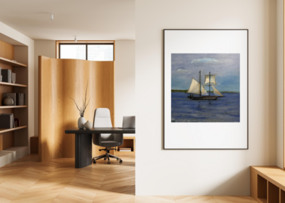 Sailboat on Lake Ontario by Alain Roch displayed in a contemporary office