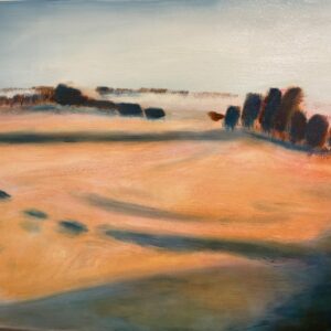 Sunset Winter Scene, an original winter landscape painting by Alain Roch featuring a snow-covered field glowing beneath a warm sunset sky.
