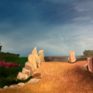 The Yellow Sandy Trail, an original landscape painting by Alain Roch featuring a sunlit sandy path bordered by standing stones beneath a dramatic blue sky.