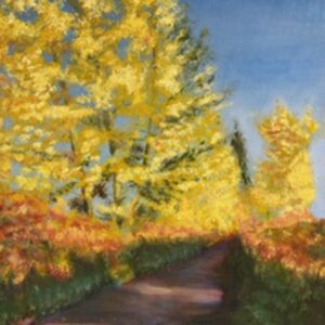 Original woodland path oil painting featuring vibrant autumn trees by Canadian artist Alain Roch
