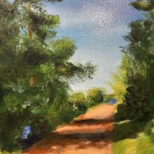 Original woodland path oil painting with a sunlit forest trail by Canadian artist Alain Roch